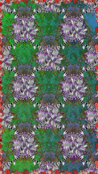 Raster illüstrasyonunda kusursuz çiçek deseni. Yeşil ve gri renkte çiçekler.