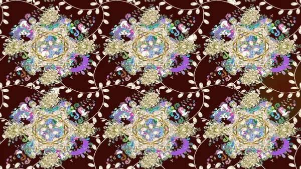 Çiçek desenli çizim. Raster illüstrasyonu. Kahverengi renkli çiçekler. Asya tekstil tarzında. Raster illüstrasyonu.