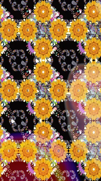 Raster illüstrasyonu. El çizimi. Çiçekli, yapraklı, çiçek desenli çizim..