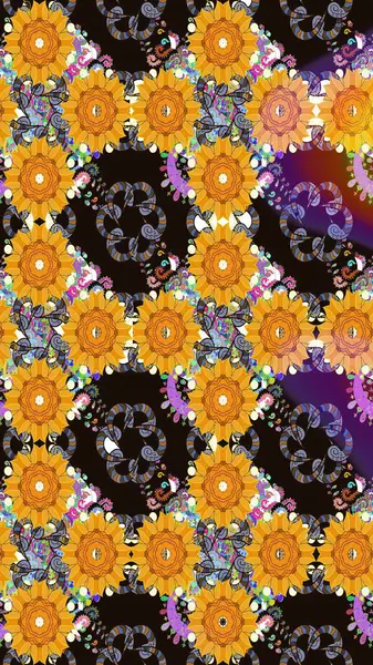 Bahar çiçekleri dallı desen, sarı renkler ve çiçek silueti. Raster deseni.