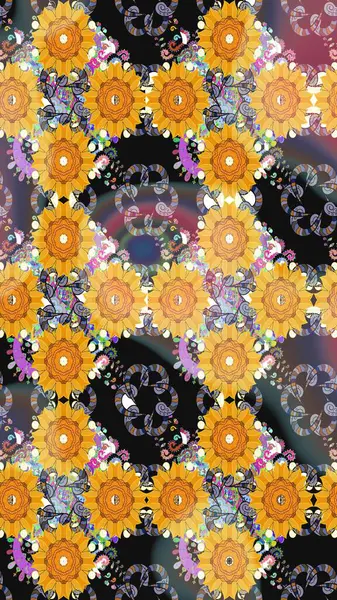 Sarı renkli etnik çiçekli zarif eskiz deseni. Asya Tekstil 'inde Raster Çiçek İllüstrasyonu.