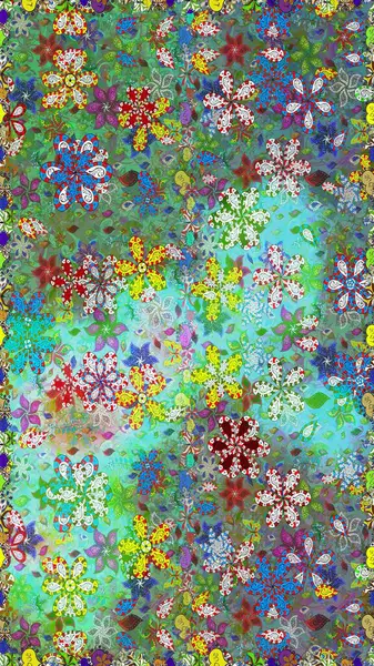 Raster illüstrasyonu. Kusursuz bir geçmişi var. Eski usul. Kumaş, tekstil, duvar kağıdı baskısı için. Renkli desenli kusursuz desen, yeşil ve mavi çiçekler ve dekoratif elementler..