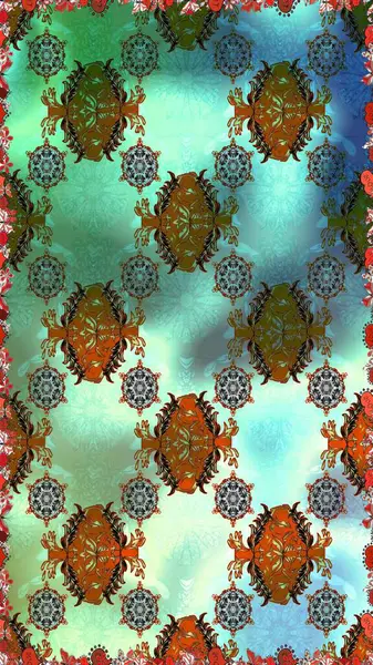 Kusursuz süs izi. Etnik Mandala havlusu. Tebrik kartı geçmişi, boyama kitabı, arkaplan ve tekstil için kullanılabilir. Raster Henna tarzı. Sınır Hindistan çiçek desenli paisley patentli.