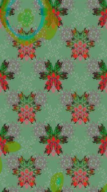 Üzerinde gelincikler ve vadi zambakları olan renkli çiçek desenli nakış deseni. Tekstil tasarımı için yeşil ve gri renkli geleneksel halk çiçekleri buketi.