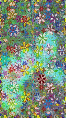 Raster illüstrasyonu. Kusursuz bir geçmişi var. Eski usul. Kumaş, tekstil, duvar kağıdı baskısı için. Renkli desenli kusursuz desen, yeşil ve mavi çiçekler ve dekoratif elementler..