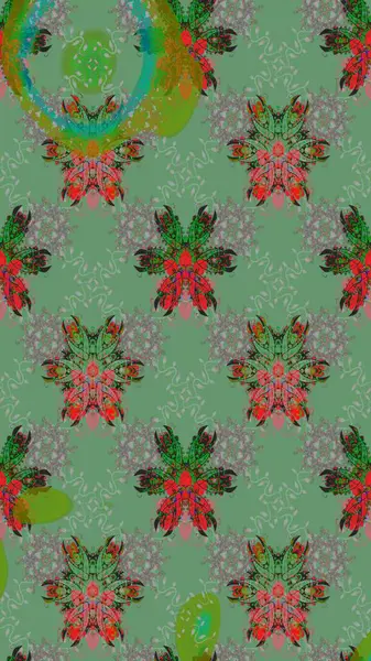 Üzerinde gelincikler ve vadi zambakları olan renkli çiçek desenli nakış deseni. Tekstil tasarımı için yeşil ve gri renkli geleneksel halk çiçekleri buketi.
