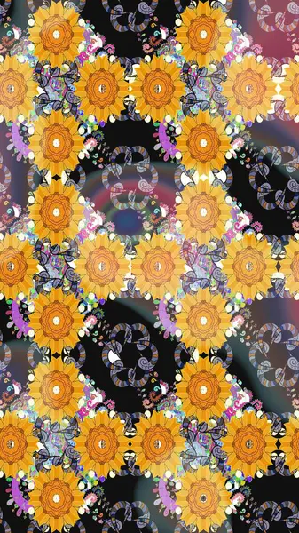 Sarı renkli etnik çiçekli zarif eskiz deseni. Asya Tekstil 'inde Raster Çiçek İllüstrasyonu.