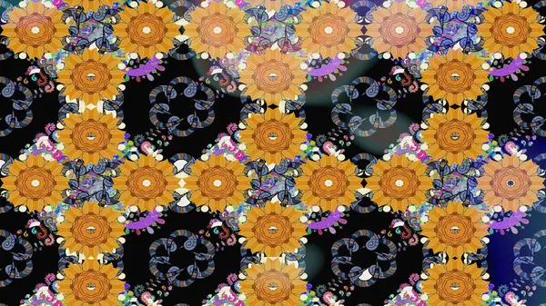 Şirin çiçekli eskiz deseni ve siyah renkli yapraklar, suluboya çiçek deseni, duvar kağıdı, kart veya kumaş için fayanslı. Raster illüstrasyonu.