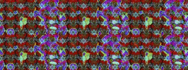 Halk tarzı. Moda baskıları için zarif bir şablon. Modern çiçek arkaplanı. Parlak renkli çiçekleri ve kırmızı yaprakları olan harika bir çiçek deseni..