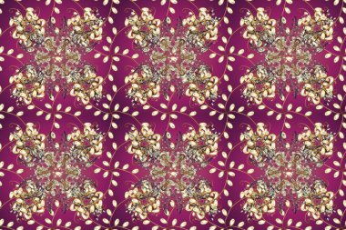 2019 Noel 'i, kar tanesi, yeni yıl. Mor, bej ve kahverengi renklerde altın elementlerle klasik, pürüzsüz desen.