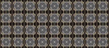 Kusursuz kraliyet lüksü, altın barok kumaş rengi. Altın antika ortaçağ dekoratifi, yaprakları ve altın desenli gri, siyah ve kahverengi renkte süslemeleri olan pürüzsüz bir desen..