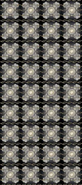 Kusursuz damaske klasik altın desen. Raster illüstrasyonu. Gri, siyah ve bej renklerde altın desenli altın elementler. Tekrarlayan ögelerle soyut arkaplan Raster.