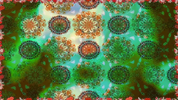 Hediye ambalaj kağıdı, tebrik kartları, posterler ve pankart tasarımı. Raster düz çiçekleri pürüzsüz desen. Yeşil renkte çiçekler.