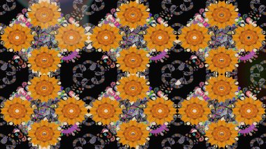 Raster illüstrasyonu. Asya tekstil tarzında. Raster illüstrasyonu. Siyah renkli çiçekler. Çiçek desenini çiz.