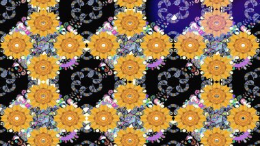 Doodle tarzı. Elle çizilmiş sonbahar çiçeği deseni. Renkli sarı çizim kalıbı. Sarı renkli çiçekler. Tekstil ve kapak tasarımı için mükemmel.