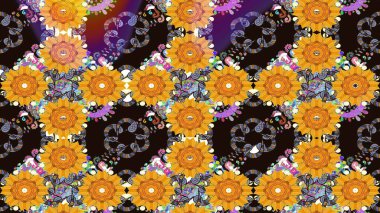 Bahar çiçekleri dallı desen, sarı renkler ve çiçek silueti. Raster deseni.