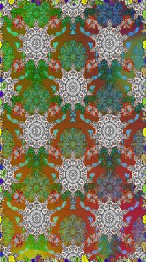 Kahverengi ve yeşil renklerde parlak çiçekli halı ile kusursuz desen..