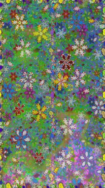 Raster illüstrasyonu. Asya tekstil tarzında. Yeşil ve mavi renkte çiçekler. Raster illüstrasyonu. Kusursuz çiçek deseni.