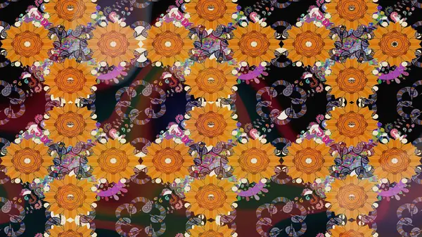 Süslü kumaş deseni. Renkli Bahar Teması eskiz kalıbı. Düz Çiçek Elementleri Tasarımı. Raster illüstrasyonunda çiçek deseni çizimi.