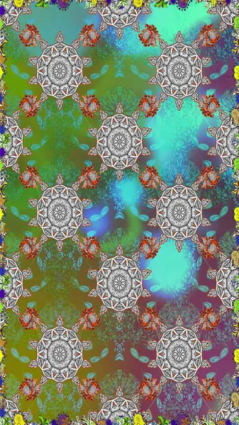 Yeşil ve gri renkli çiçekler. Raster illüstrasyonunda kusursuz çiçek deseni.