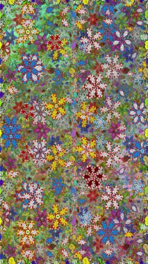 Raster - stok. Yapraklı çiçekler ve yeşil renkli papatya çiçekleri. Kusursuz arkaplan deseni.