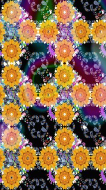 Halk tarzı. Parlak renkli çiçekli ve sarı yapraklı harika bir çiçek deseni. Moda baskıları için zarif bir şablon. Modern çiçek arkaplanı.