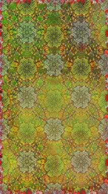 Modern yeşil ve kahverengi raster arka plan duvar kağıdı çizimi, klasik çizgili desenli desenli çiçekler, çiçekli süsler. Çiçekli el, pürüzsüz desen..