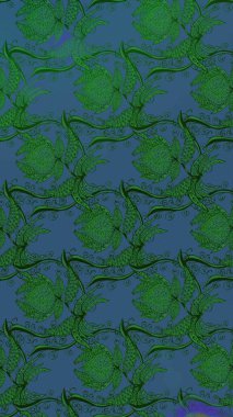 Yeşil renkli etnik çiçeklerle süslenmiş zarif bir eskiz şekli. Raster Çiçek İllüstrasyon Şirin Tekstil.