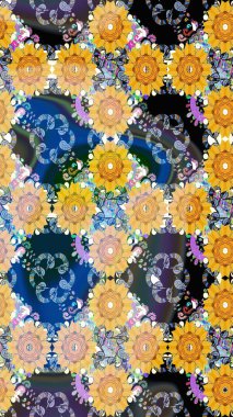 Raster illüstrasyonu. Mavi renkli çiçekler. Renkli Bahar Teması eskiz kalıbı. Çiçek desenli çizim. Düz Çiçek Elementleri Tasarımı. Asya tekstil tarzında.