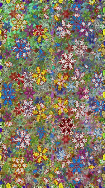 Raster - stok. Yapraklı çiçekler ve yeşil renkli papatya çiçekleri. Kusursuz arkaplan deseni.