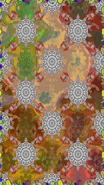 Raster çiçek izi. Klasik taslak çizimi. Raster Yumuşak kumaş deseni. Çiçeksel kahverengi ve gri, pürüzsüz desen.