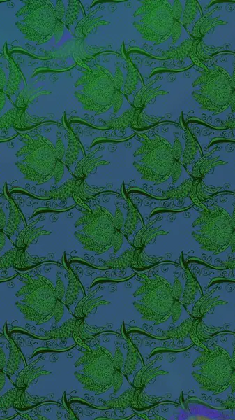 Yeşil renkli etnik çiçeklerle süslenmiş zarif bir eskiz şekli. Raster Çiçek İllüstrasyon Şirin Tekstil.