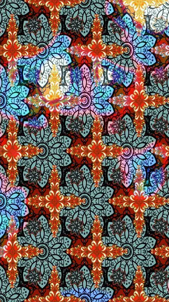 Çiçek desenli çizim. Güzel kumaş deseni. Düz Çiçek Elementleri Tasarımı. Raster illüstrasyonu. Renkli Bahar Teması eskiz kalıbı. Asya tekstil tarzında.