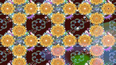 Elle çizilmiş çiçek desenli Raster çizimi. Kahverengi arka planda. Tekstil, kumaş, ambalaj, hatıra defteri için hoş bir çiçek arkaplanı. Çocuksu tasarım.