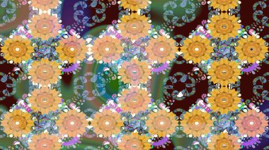 Raster çiçek desenli çiçek deseni, yapraklar, dekoratif elementler, sıçrama, lekeler, el çizimi kontur çizgileri ve Doodle çizim stili, grafik raster çizim çizimi.