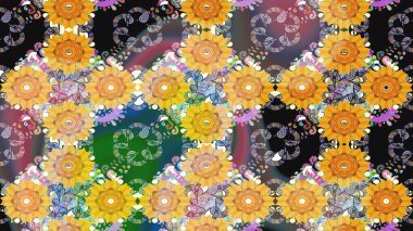 Nazikçe, sarı renkte bahar çiçekleri. Raster illüstrasyonu. Yaprak ve çiçeklerin suluboya resimleri, sarı renkte çizimler..