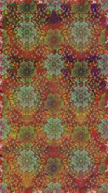 Raster illüstrasyonu. Kahverengi ve yeşil renkli çiçekler. El çizimi çiçekleri olan soyut, pürüzsüz desen.