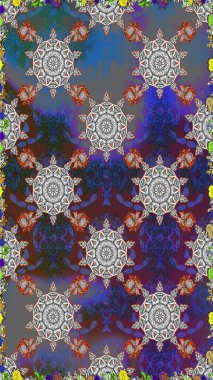 Güzel kumaş deseni. Renkli Bahar Temalı Kusursuz Arkaplan. Kusursuz çiçek deseni. Asya tekstil tarzında. Düz Çiçek Elementleri Tasarımı. Raster illüstrasyonu.