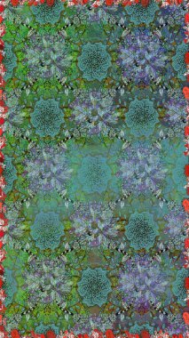 Oldukça eski bir besin torbası deseni, küçük yeşil renkte, çiçekler. Tekstil, kumaş, kapaklar, duvar kağıtları, baskı, naylon, yapıştırma, örgü, dekupaj için çiçeksiz arkaplan. Millefleurlar.