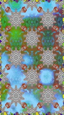 Güzel kumaş deseni. Raster illüstrasyonu. Mavi renklerde. Raster illüstrasyonunda kusursuz çiçek deseni.