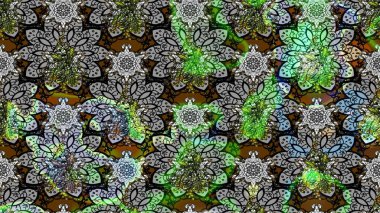 Raster çiçek desenli çiçek deseni, yapraklar, dekoratif elementler, sıçrama, lekeler, el çizimi kontur çizgileri ve Doodle çizim stili, grafik raster çizim çizimi.