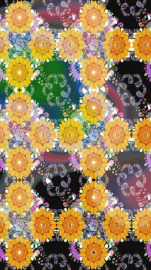 Yaprak ve çiçeklerin suluboya resimleri, sarı renkte çizimler. Raster illüstrasyonu. Sarı renkte bahar çiçekleri..