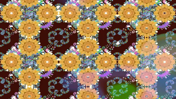 Elle çizilmiş çiçek desenli Raster çizimi. Kahverengi arka planda. Tekstil, kumaş, ambalaj, hatıra defteri için hoş bir çiçek arkaplanı. Çocuksu tasarım.