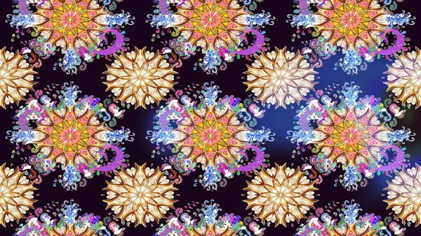 Raster illüstrasyonu. Renkli desenli eskiz deseni, siyah çiçekler ve dekoratif elementlerle. Eski usul. Eskiz geçmişi. Kumaş, tekstil ve duvar kağıdı baskısı için..