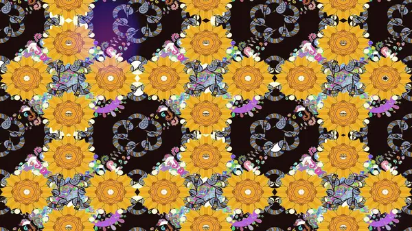 Düz Çiçek Elementleri Tasarımı. Renkli Yaz Temalı eskiz kalıbı. Raster Illustrasyon 'daki Çiçek Deseni' nin son moda çizimi. Sarı renkte çiçekler.