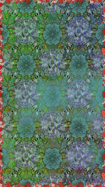 Oldukça eski bir besin torbası deseni, küçük yeşil renkte, çiçekler. Tekstil, kumaş, kapaklar, duvar kağıtları, baskı, naylon, yapıştırma, örgü, dekupaj için çiçeksiz arkaplan. Millefleurlar.