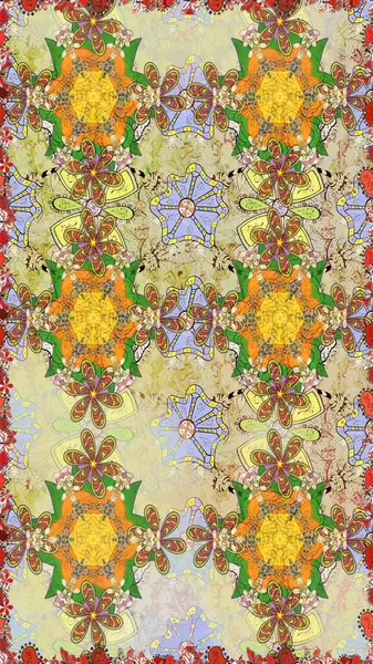 Renkli Yaz Temalı Kusursuz Arkaplan. Düz Çiçek Elementleri Tasarımı. Raster Illustrasyon 'da moda olmayan çiçek deseni. Güzel kumaş deseni.