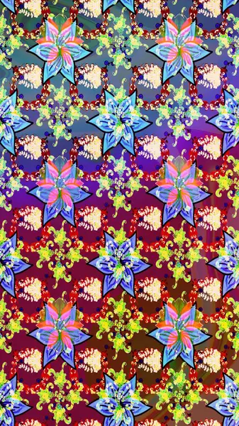 Parlak renkli çiçekleri olan ve mavi ve kırmızı renkte yaprakları olan harika bir çiçek deseni. Moda baskıları için zarif bir şablon. Modern çiçek arkaplanı. Halk stili.