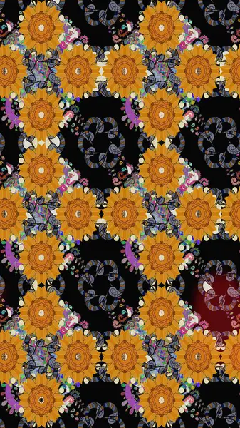 Soyut etnik raster çizim kalıbı. Vadinin çiçekleri siyah renklerde. Çiçekler..