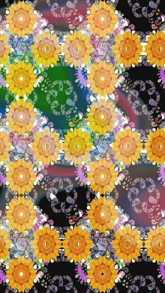 Yaprak ve çiçeklerin suluboya resimleri, sarı renkte çizimler. Raster illüstrasyonu. Sarı renkte bahar çiçekleri..